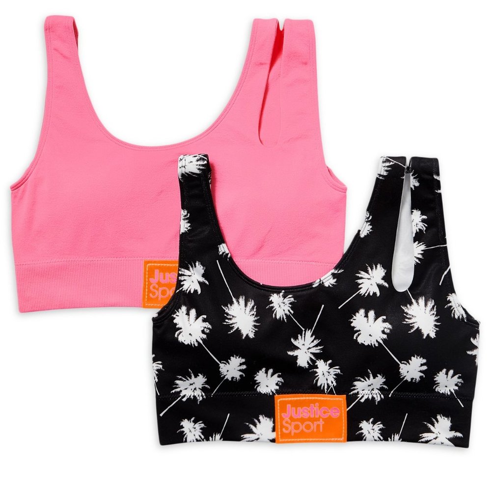 Justice Sport Cutout Bra 2Pk One PALM print & One PINK Oh So Soft Collection